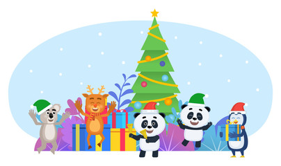 Cute little penguin, panda, koala, reindeer, fox stand near Christmas tree and celebrate New Year. Poster for presentation, social media, banner, web page. Flat design vector illustration
