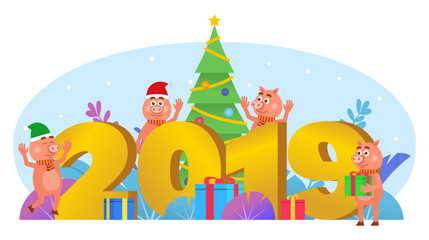 Cute pig characters stand near 2019 word. New Year, Christmas celebration. Poster for presentation, social media, banner, web page. Flat design vector illustration