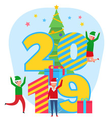 2019 new year celebration. Christmas elements, people celebrate. Poster for web page, social media, banner, presentation. Flat design vector illustration