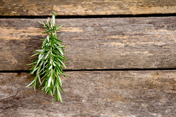 Herb drying - fresh sprigs of Rosemary hanging against rustic wood background