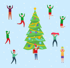 People stand near Christmas tree showing various actions, poses. New year, Christmas celebration. Poster for web page, social media, banner, presentation. Flat design vector illustration