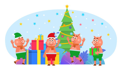 Cute little pigs stand near Christmas tree, gift boxes. New year, Christmas celebration. Poster for web page, social media, banner, presentation. Flat design vector illustration