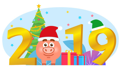 New Year 2019. Funny, cute pig stands near 2019 words. Poster for web page, social media, presentation, banner. Flat design vector illustration