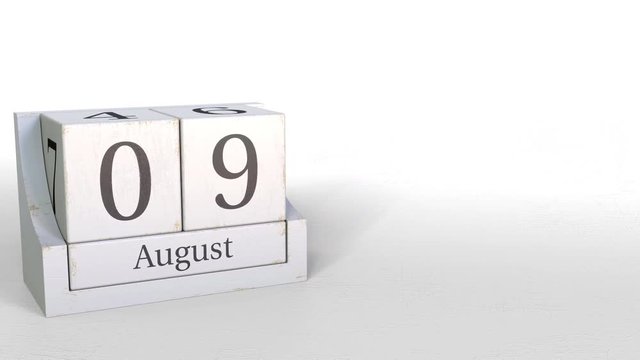 August 9 date on wooden blocks calendar. 3D animation