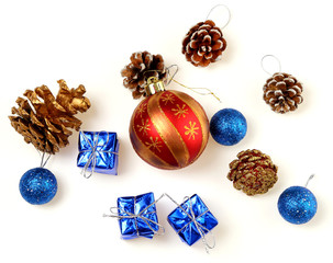 christmas balls and gifts on white background