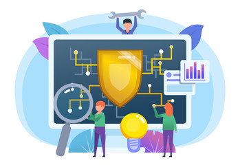 Personal data security, antivirus PC protection. Small people stand near big screen with shield. Poster for web page, banner, social media, presentation. Flat design vector illustration