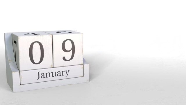 January 9 date on retro blocks calendar, 3D animation