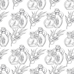 Seamless pattern with the image of a bottle with oil and a branch.