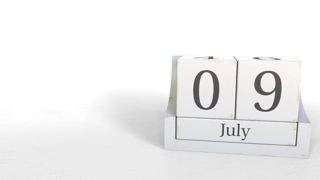 July 9 date on vintage cube calendar, 3D animation