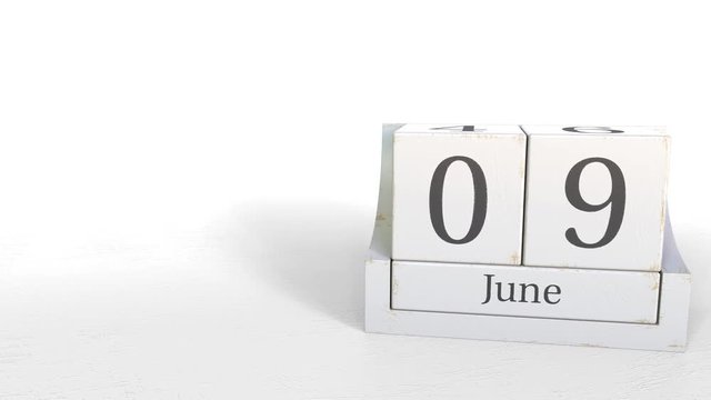 June 9 date on vintage cube calendar, 3D animation
