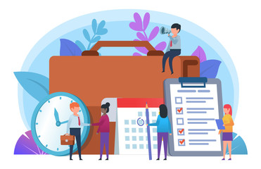 Daily business tasks, work planning. Small people stand near big suitcase, calendar, watch, document. Poster for presentation, web page, banner, social media. Flat design vector illustration