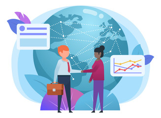 Globalization, worldwide business concept. People handshake and stand near big earth globe. Poster for presentation, web page, banner, social media. Flat design vector illustration