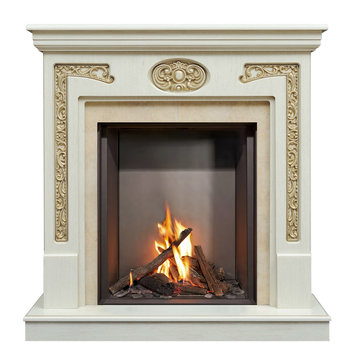 Burning classic fireplace isolated on white