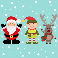 Christmas elf with Santa and deer on a snow background