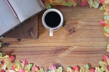 Office stuff coffee, books and pencil on Maple frame with wood texture background.