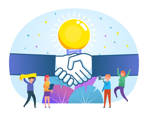 Startup, new business deal, agreement concept. Hands handshake, idea light bulb on background. Poster for social media, presentation, web page, banner. Flat design vector illustration