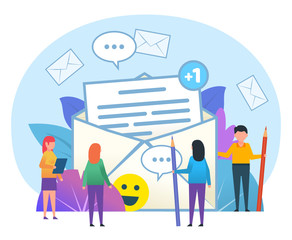 Email, messenger application concept. Small people stand near big envelope, letter. Poster for social media, web page, banner, presentation. Flat design vector illustration
