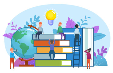 Education around the world concept. Small people stand near stack of big books and globe. Poster for social media, web page, banner, presentation. Flat design vector illustration