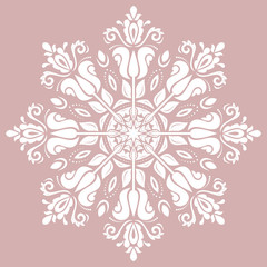 Oriental round white pattern with arabesques and floral elements. Traditional classic ornament. Vintage pattern with arabesques