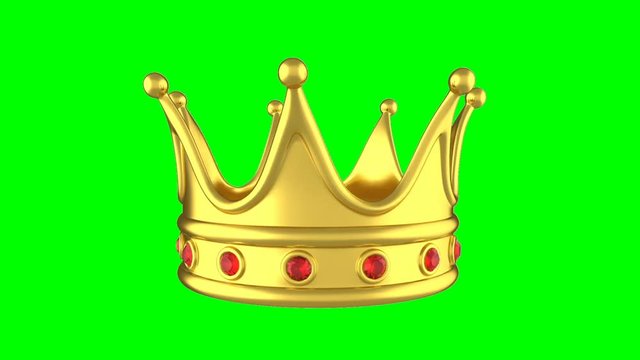 Looped animation rotating golden crown on green background.