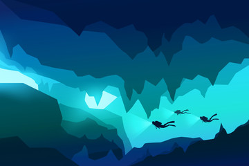 scuba divers rescue team dive underwater in the deep cave, vector