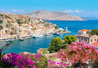 Symi town cityscape, Dodecanese islands, Greece - obrazy, fototapety, plakaty