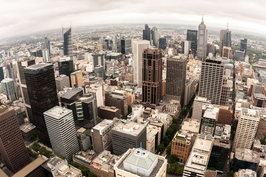 Aerial view of Melbourne, Australia taken from the Rialto tower. Fisheye image.
