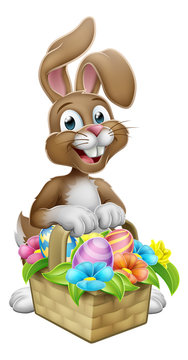 An Easter bunny rabbit cartoon character with a basket on an Easter egg hunt