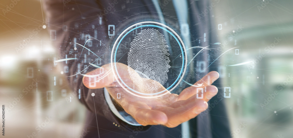 Poster businessman holding a digital fingerprint identification and binary code 3d rendering