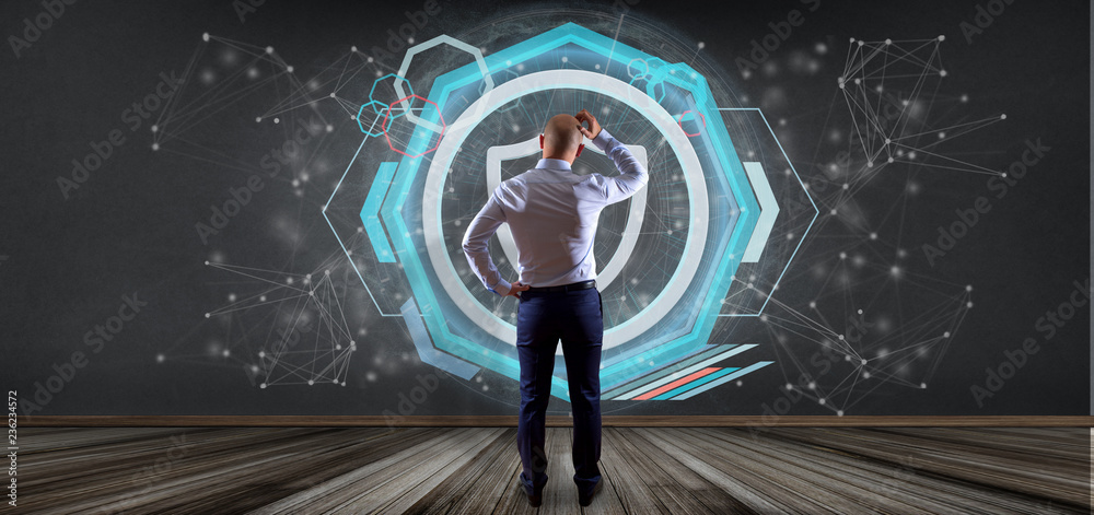 Poster man holding a shield web security concept 3d rendering