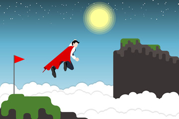 Obraz premium Businessman flying toward to the sky higher mountain.
