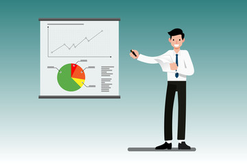 Businessman presenting the total year profit on a presentation screen whiteboard explaining charts, vector illustration.