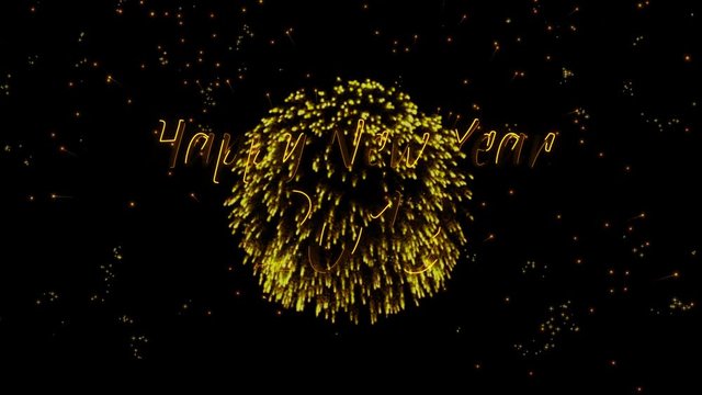 Happy New Year 2019 Greeting text with particles, colored fireworks, sparks and stars with beautiful glitter effect on background.