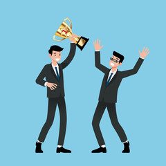 Businessman holding number one gold trophy with his team achievements. Vector design of winning and cheering for successfully.