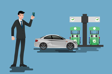 Happy businessmen use his credit card and refuel his car at a clean and eco-gas station.Vector illustration design.