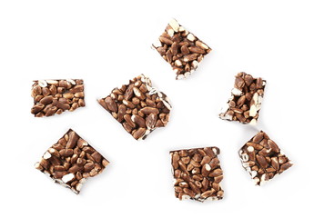 Chocolate with rice bars isolated on white background, top view