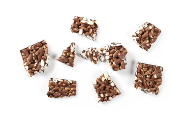 Chocolate with rice bars isolated on white background, top view