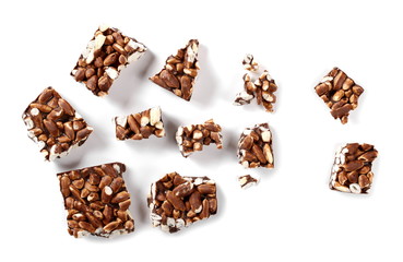 Chocolate with rice bars isolated on white background, top view