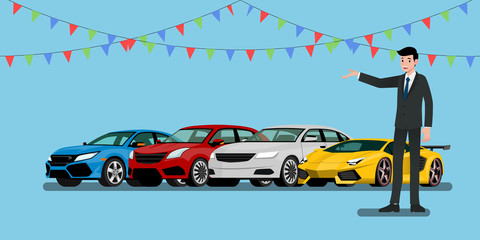 A happy businessman, salesman is standing and present  his vehicles and super car for sell or rent that parked in the shop.Vector illustration design.