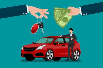 The car dealer's hand make an exchange between the car and the customer's money. Vector illustration design.