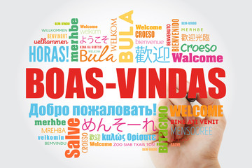 Boas-Vindas (Welcome in Brazilian Portuguese) word cloud with marker in different languages, conceptual background