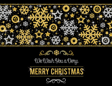 Black christmas card with  frame of golden and silver glittering snowflakes and stars, vector illustration