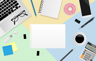 Blank note paper with notebook, eyeglasses, smart phone, laptop, pencil, pen, donut, USB Flash Drive with coffee cup on pastel color background, Flat lay, Top view. Vector illustration