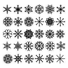 Snowflake icons. Cute snowflakes collection isolated on white background. Flat snow icons, silhouette. Nice element for Christmas banner, cards. New year ornament.