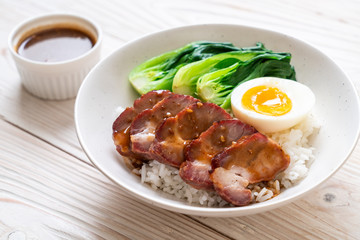 roast barbecue red pork on topped rice