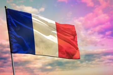 Fluttering France flag on colorful cloudy sky background. Prosperity concept.