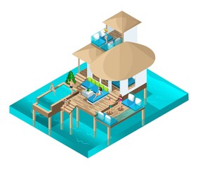 Isometric celebration of Christmas in a chic room in the Maldive Islands, people have fun on an island in the middle of the ocean, happiness, luxury vacation