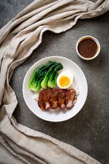 roast barbecue red pork on topped rice