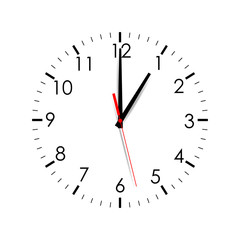 Clock dial shows one o'clock isolated on white background. Vector illustration