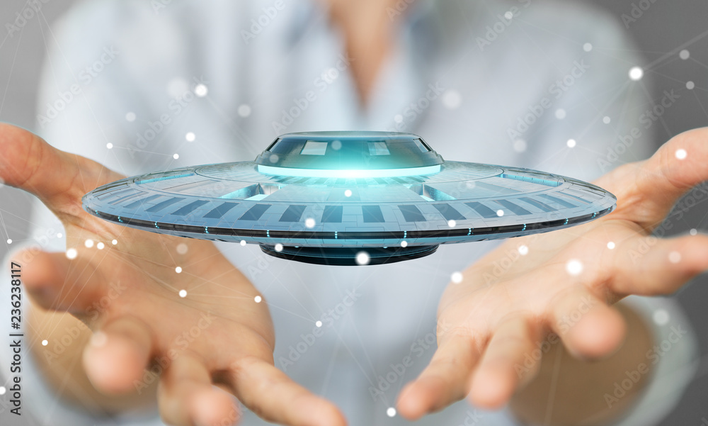 Poster businesswoman with retro ufo spaceship 3d rendering